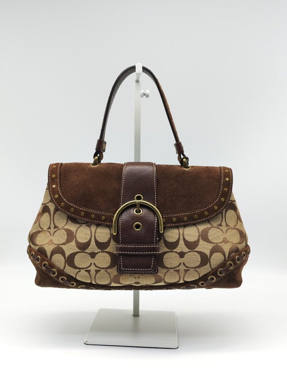 Coach Soho Signature Canvas Suede Buckle Flap Satchel Handbag Brown Studded Y2K - Picture 1 of 15
